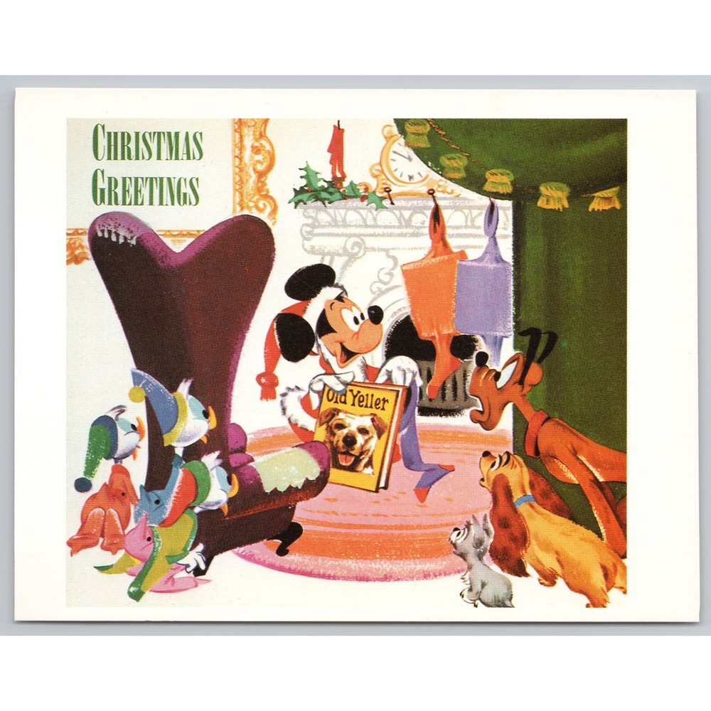 Vintage Walt Disney Christmas Postcard 1957 Mickey Lady Tramp Old Yeller Book